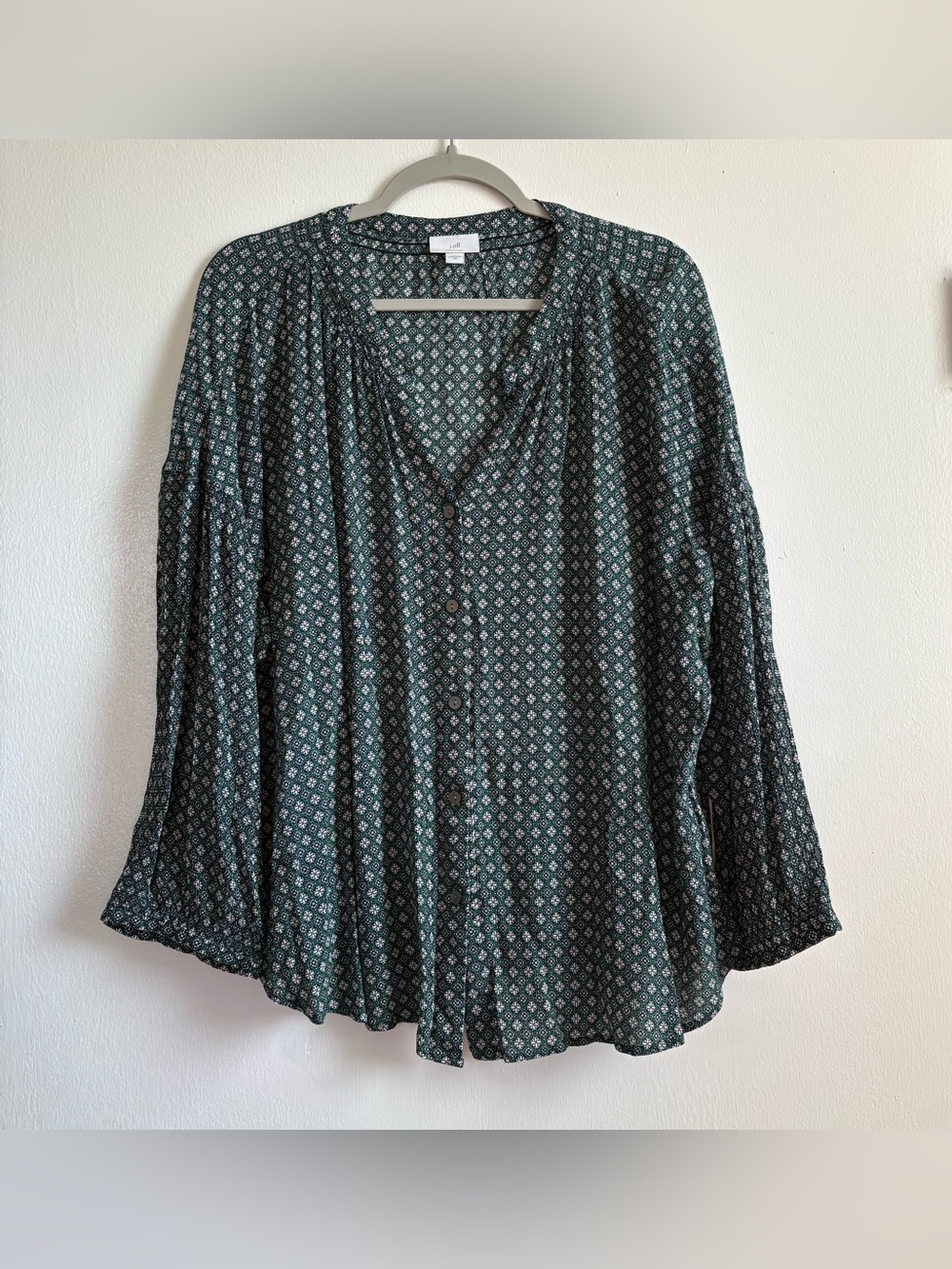 J. Jill Green Black White Geometric V-Neck Button Long Sleeve Blouse Women’s 2X